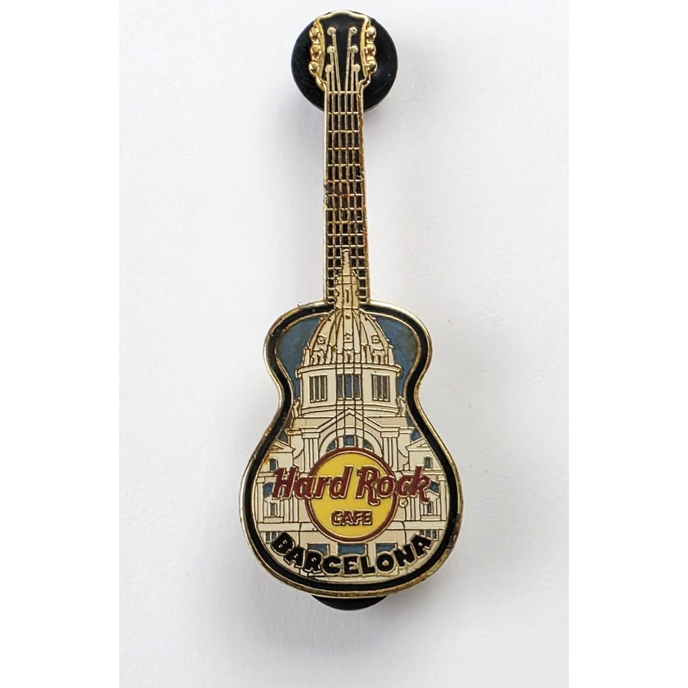 Vintage Hard Rock Cafe Barcelona Gold Tone and Enamel Guitar Brooch Pin